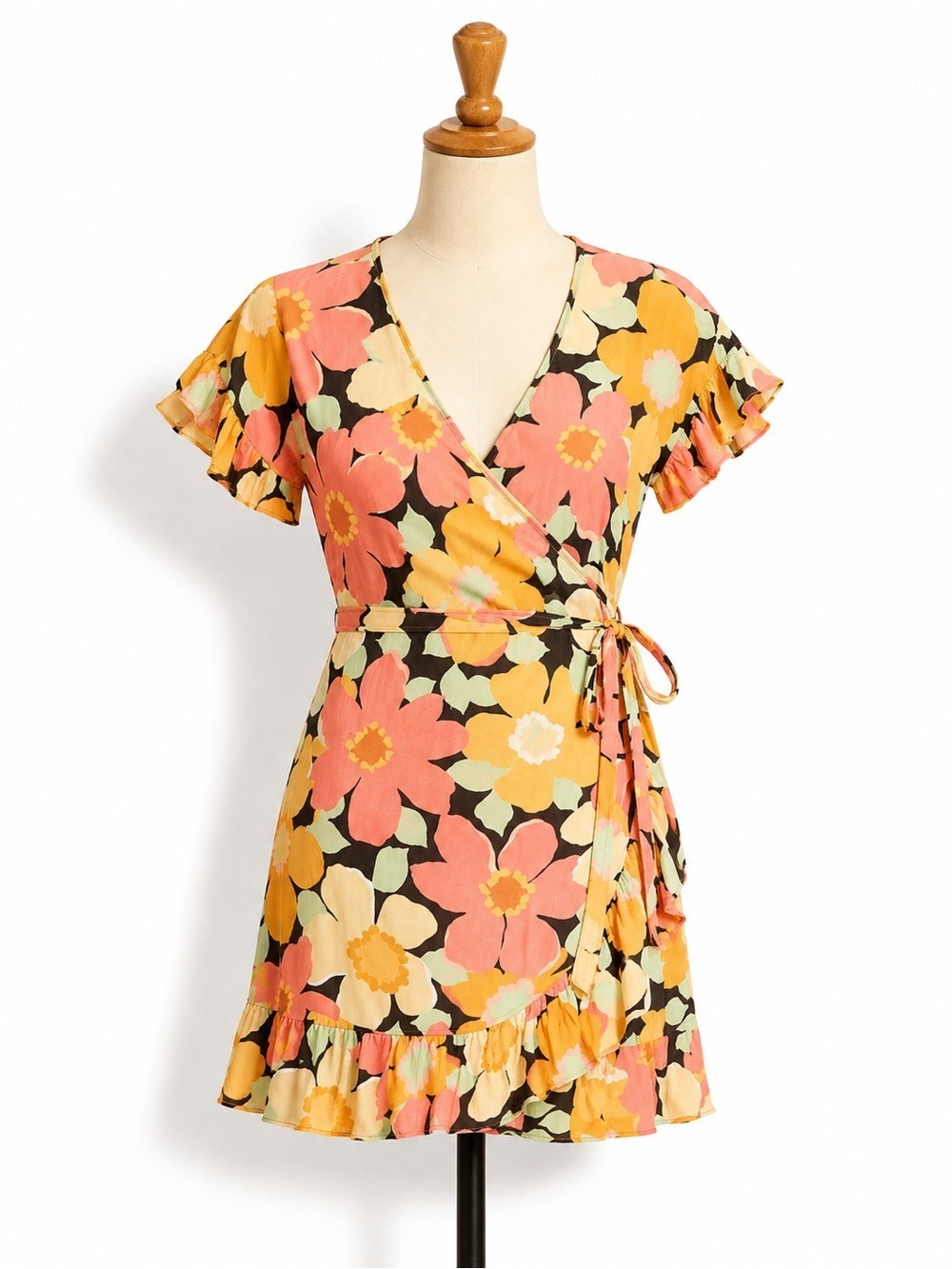 Billabong Floral Wrap Mini Dress Pink Orange Yellow Ruffle Large